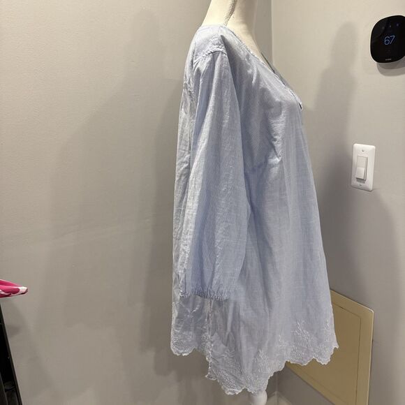 CROFT & BARROW Blue White STRIPE 3/4 SLEEVE SCALLOP HEM TOP SIZE 3x Embroidered - Picture 3 of 11